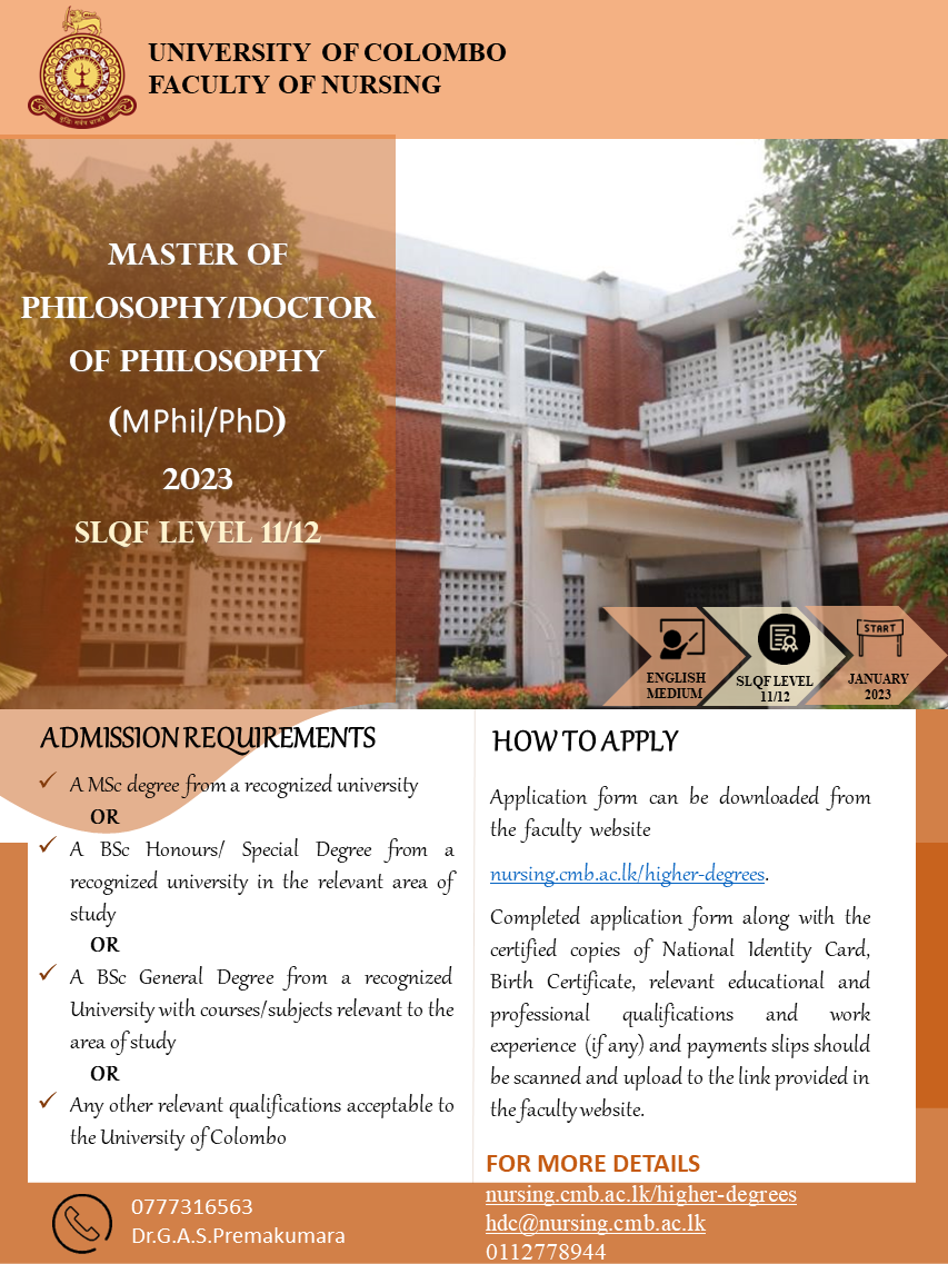 Master Of Philosophy/Doctor Of Philosophy (MPhil/PhD) 2023 SLQF Level 11/12